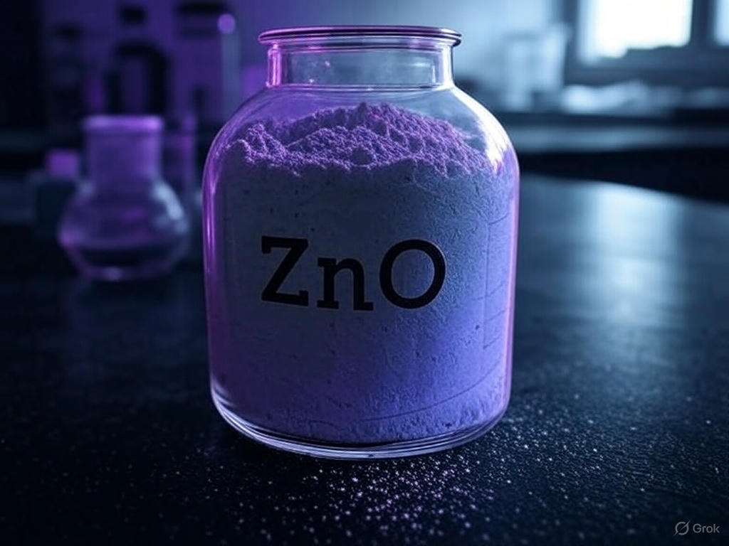 Zinc oxide powder in a glass jar with ZnO label in laboratory setting